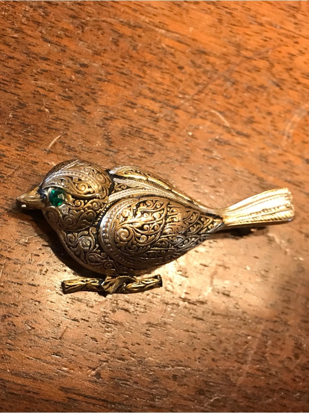 Cute Spring Bird Ornate Gold Tone Brooch with Green Gem Eye